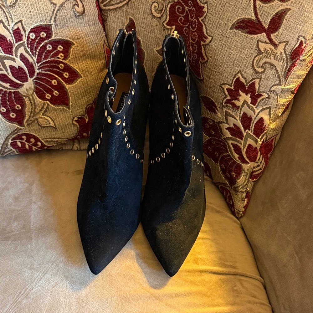 3/$15 Izabella Rue Suede Black Stiletto Heeled Ankle Boots with Gold Accents - Picture 2 of 6